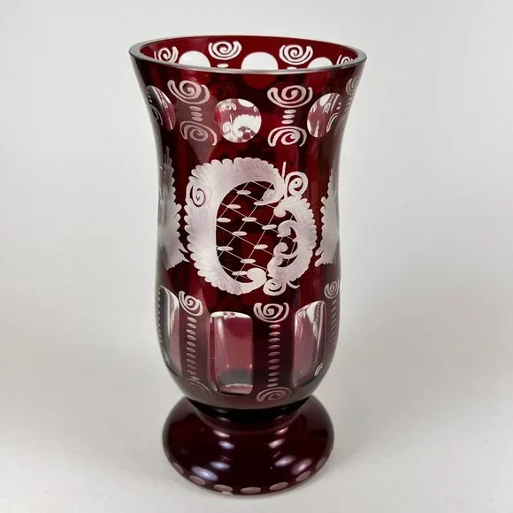 Vtg Egermann Vase Bohemian Ruby Red Cut To Clear Etched Glass Castle Bird Czech
